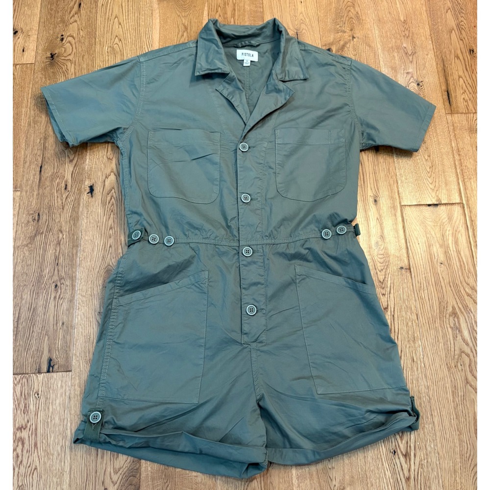 Pistola Women's M Olive Green Utility Romper Short Sleeve Button Front